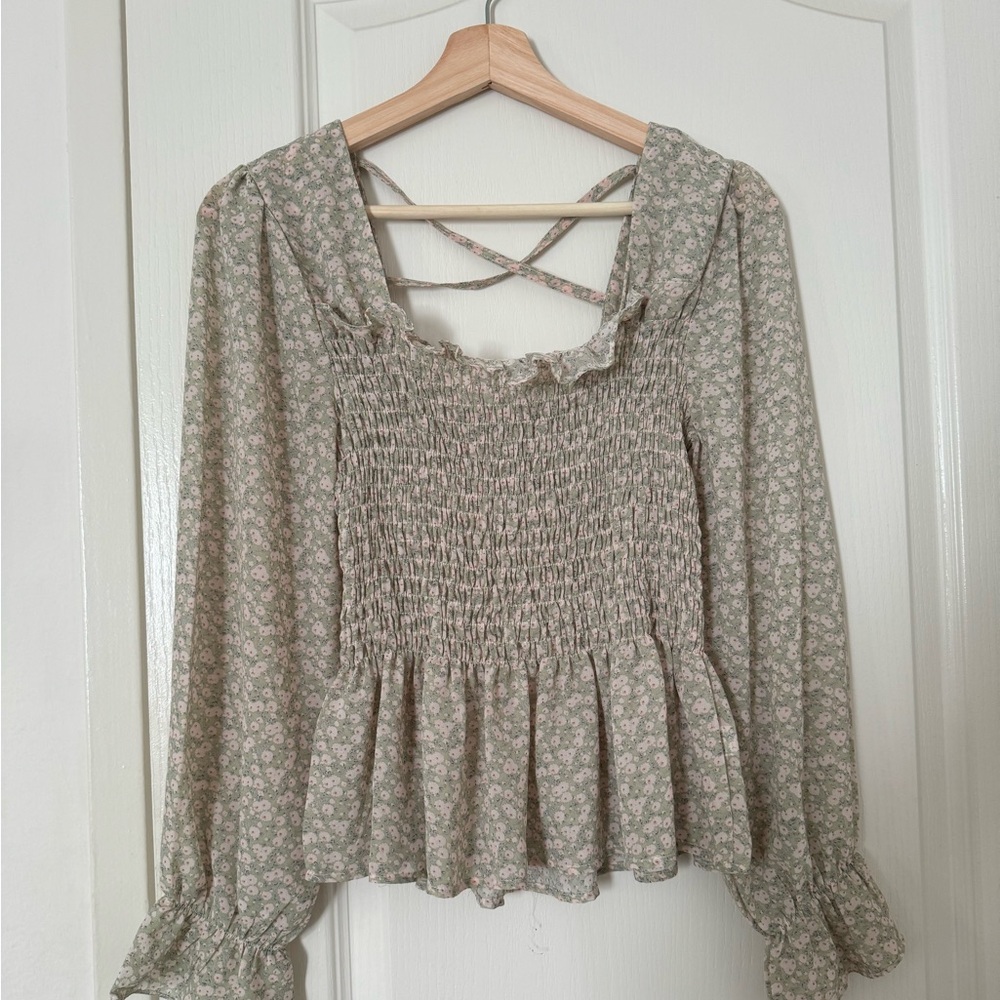 green floral smocked chiffon blouse